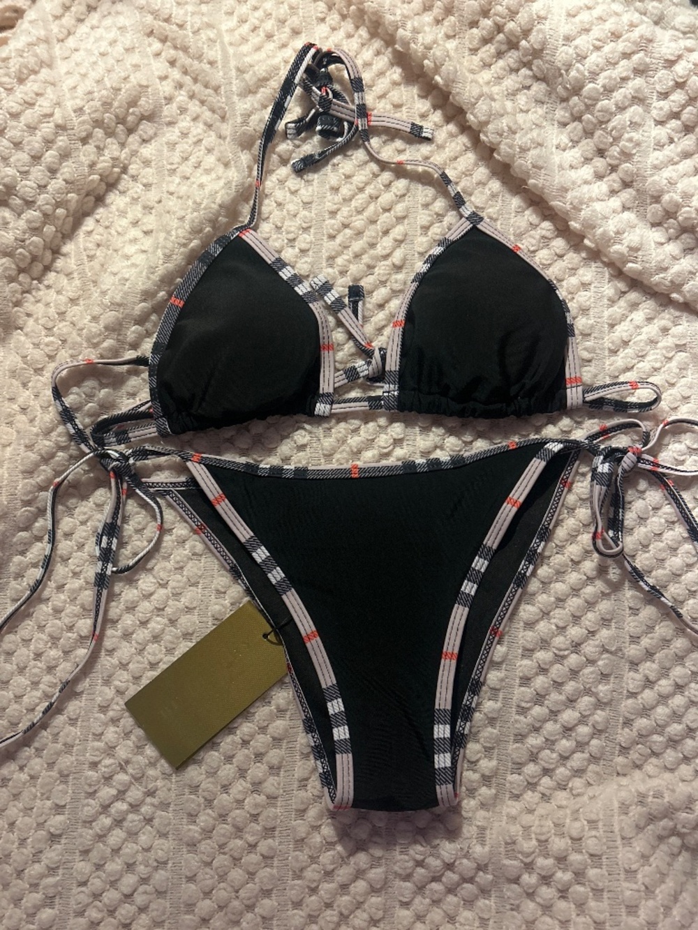Authentic Burberry Women's Black and Nova Check lined bikini